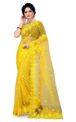 HouseOfCommon Self Design Bollywood Net Saree(Yellow)