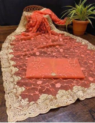 Zenomics Embroidered, Embellished Bollywood Net Saree(Orange)