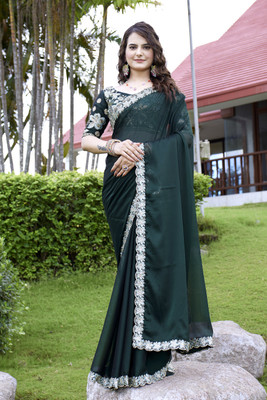Shatayu Solid/Plain Bollywood Chiffon Saree(Green)