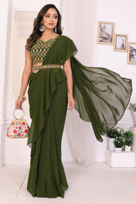 PATLANI STYLE Embroidered, Solid/Plain Pre Draped Saree Georgette Saree(Green)