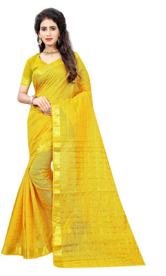 JS Clothing Mart Checkered Banarasi Cotton Silk Saree(Yellow)