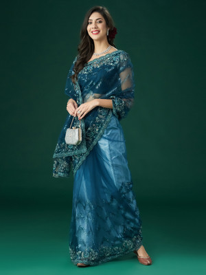 KASEE Embellished Bollywood Net Saree(Dark Blue)