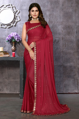YASHIKA Solid/Plain Bollywood Lycra Blend Saree(Maroon)