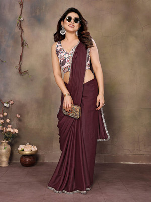 ANOUK Solid/Plain Saree with Attached Blouse Georgette Saree(Maroon)