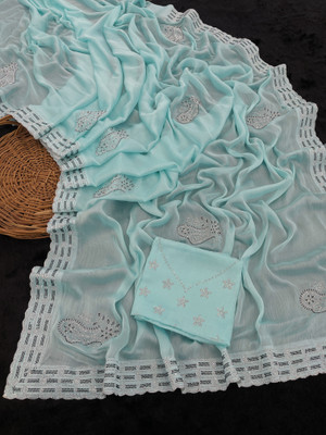 VarniRaaj Fashion Embroidered Bollywood Pure Silk Saree(Light Blue)