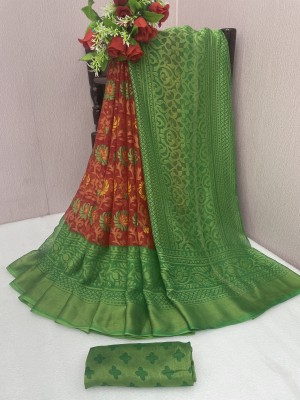 WINKLECART Floral Print Bollywood Brasso Saree(Green)