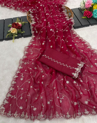 Zari and Ziba Embroidered Bollywood Chiffon Saree(Red)
