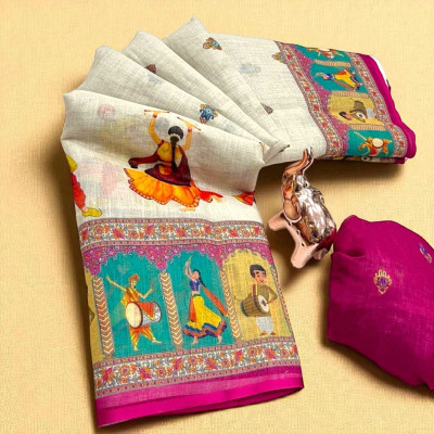 supream Digital Print Daily Wear Cotton Linen, Silk Blend Saree(Multicolor)