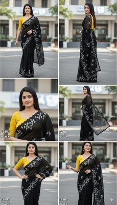 BrownSoilOrganics Floral Print Bollywood Georgette Saree(Black, Yellow)