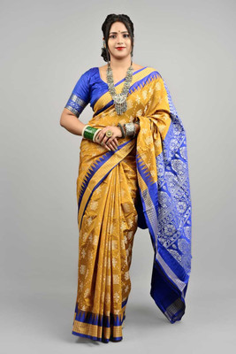 Sijileen Woven, Temple Border Sambalpuri Silk Blend Saree(Mustard)