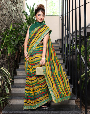 YASHIKA Printed Bollywood Georgette, Lace Saree(Yellow)