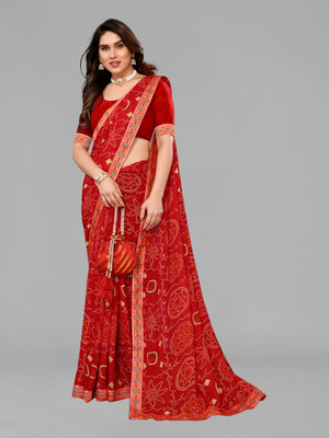 HouseOfCommon Blocked Printed, Self Design Bandhani Chiffon Saree(Red)