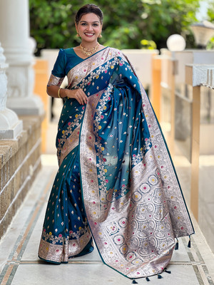 Nayanthara Trends Printed Banarasi Silk Blend Saree(Blue)