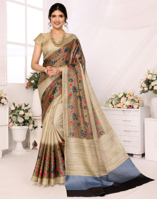 YASHIKA Printed Hand Batik Art Silk Saree(Grey)
