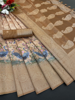 Sanskriti Synthetics Floral Print Handloom Polyester Saree(Cream)