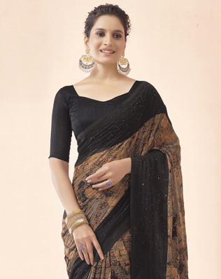 SIRIL Printed, Woven Bollywood Georgette Saree(Black, Brown)