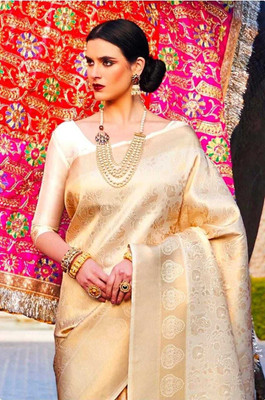HouseOfCommon Woven Kanjivaram Pure Silk Saree(Cream)