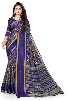 Pemal Printed Bollywood Silk Blend Saree(Dark Blue)