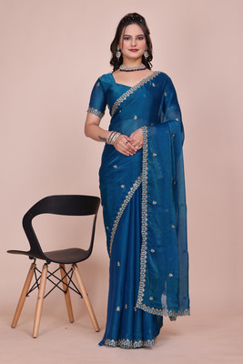 V AMAN FASHION Solid/Plain, Self Design, Embroidered Bollywood Chiffon, Jimmy choo Saree(Blue)
