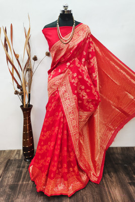 VERCO Woven Banarasi Silk Blend Saree(Red)