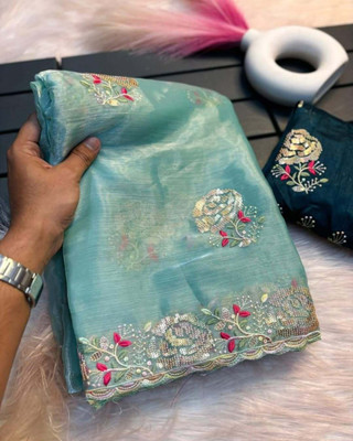 MADHI Embroidered Bollywood Jimmy choo Saree(Blue)
