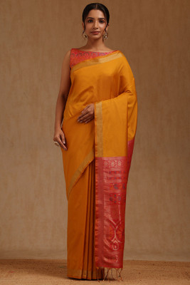 soch Solid/Plain Saree with Attached Blouse Silk Blend Saree(Mustard)