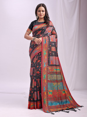 Tasrika Printed Patola Cotton Linen Saree(Black)