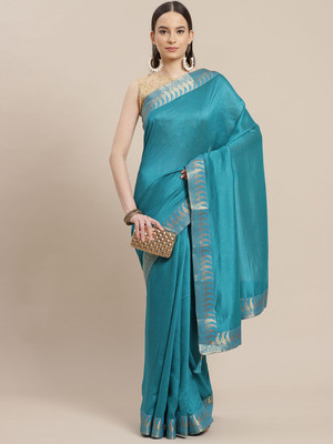 ANOUK Solid/Plain Banarasi Cotton Blend Saree(Blue)