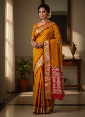 MAADURGA FASHION Temple Border Sambalpuri Art Silk Saree(Pink)