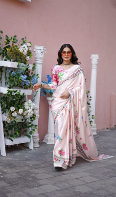 Margi Designers Floral Print, Printed Daily Wear Satin Saree(Beige)