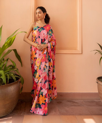 Tasrika Floral Print Bollywood Nylon Saree(Dark Blue)