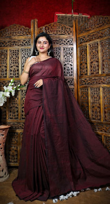 BDF Bikash Datta Fashion Solid/Plain Handloom Cotton Silk Saree(Maroon)