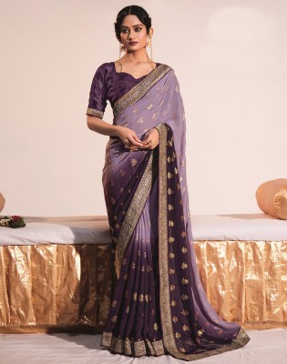 Satrani Floral Print, Embellished, Geometric Print, Printed Kanjivaram Georgette Saree(Purple, Gold)