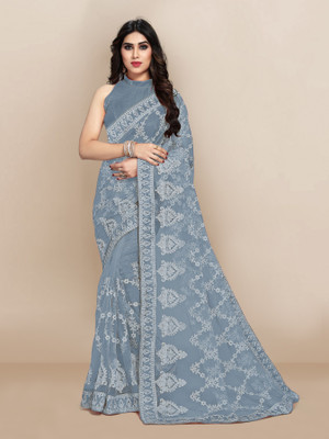 JIVI CLOTHING Solid/Plain, Embroidered Bollywood Net Saree(Grey)
