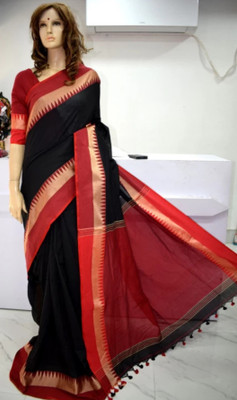 Sandhyatara Temple Border Handloom Pure Cotton Saree(Black)