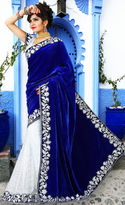 Anugrah Textile Embroidered Banarasi Net, Velvet Saree(White, Blue)