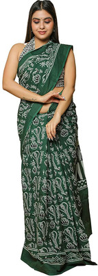 NIKHILAM Printed Daily Wear Pure Cotton Saree(Green)