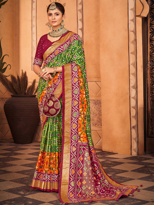 ANOUK Printed Patola Silk Blend Saree(Green)