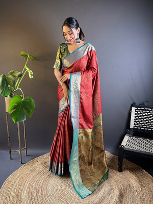 SGF11 Self Design Handloom Pure Silk Saree(Red)