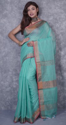 Tapan Textiles Striped Handloom Cotton Blend Saree(Light Green)