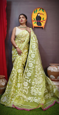 OWALID Self Design Jamdani Cotton Silk Saree(Light Green, White)