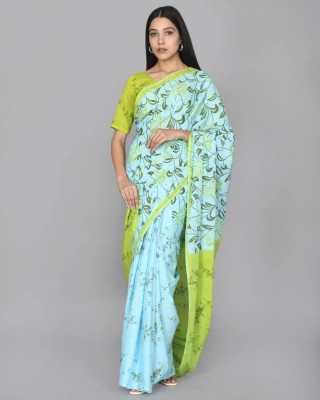 NIKHILAM Printed Daily Wear Pure Cotton Saree(Light Blue, Green)