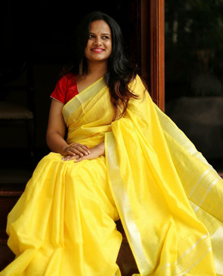 Hatha Karagha Solid/Plain Bhagalpuri Cotton Linen Saree(Yellow)