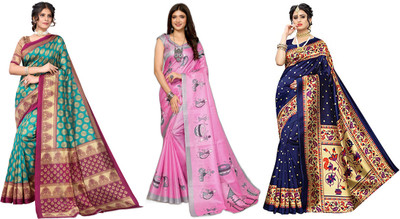 YASHIKA Printed, Woven Kasavu Art Silk Saree(Pack of 3, Blue, Pink, Dark Blue)