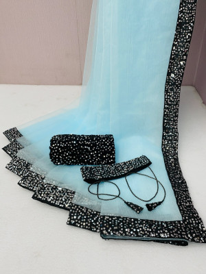 SROLY Embellished Bollywood Net Saree(Light Blue)
