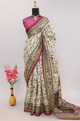 Kjs Printed Kalamkari Cotton Blend Saree(Multicolor)