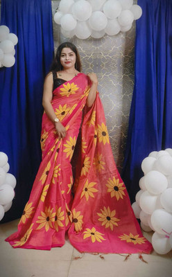 LDma Digital Print, Solid/Plain Bollywood Handloom Cotton Silk Saree(Pink)