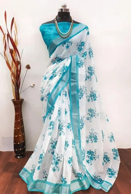 Grubstaker Digital Print Bollywood Linen Saree(White)