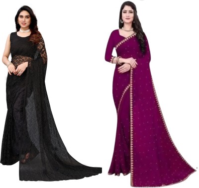 Saadhvi Self Design Daily Wear Net, Georgette Saree(Pack of 2, Black, Purple)