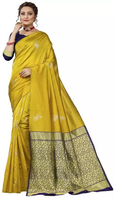 jmoverseas Woven Kanjivaram Art Silk Saree(Yellow)